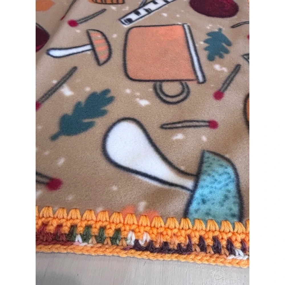 Tan‎ Camping Nature Print Fleece Baby Blanket Crochet Trim Mushrooms 29x26